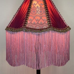 Handmade Victorian Fringe Lampshade – Blush Pink Satin, Embroidered Lace & Gold Trim – Elegant Vintage-Inspired Lighting
