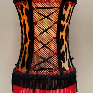 Handmade Victorian Burlesque Fringe Lampshade – Leopard Velvet, Corset Lace & Red-Black Fringe – Bold Vintage Pin-Up Lighting