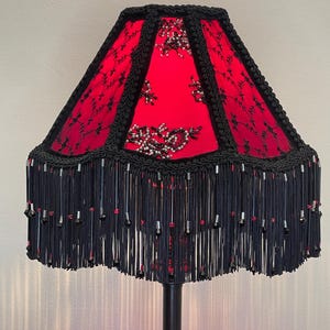 Handmade Victorian Lampshade – Red Satin & Black Lace with Beaded Fringe – Dramatic Gothic-Inspired Lighting