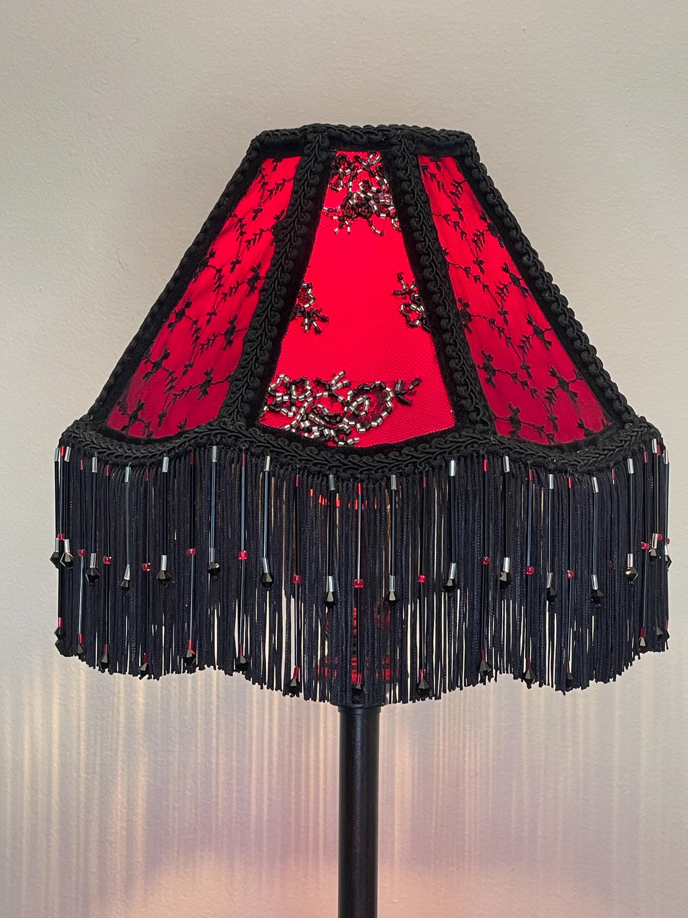 Handmade Victorian Lampshade – Red Satin & Black Lace With Beaded