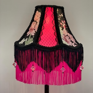 Victorian Fringe Lampshade – Hot Pink Satin & Black Floral – Handmade Vintage-Inspired Lighting