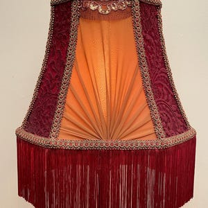 Handmade Victorian Fringe Lampshade – Maroon and Sand Satin with floral Embroidered Lace & Gold Trim – Elegant Vintage-Inspired Lighting