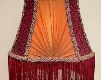 Handmade Victorian Lampshade: Maroon Satin, Floral Lace, Gold Trim