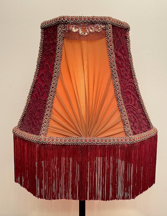 Handmade Victorian Lampshade: Maroon Satin, Floral Lace, Gold Trim