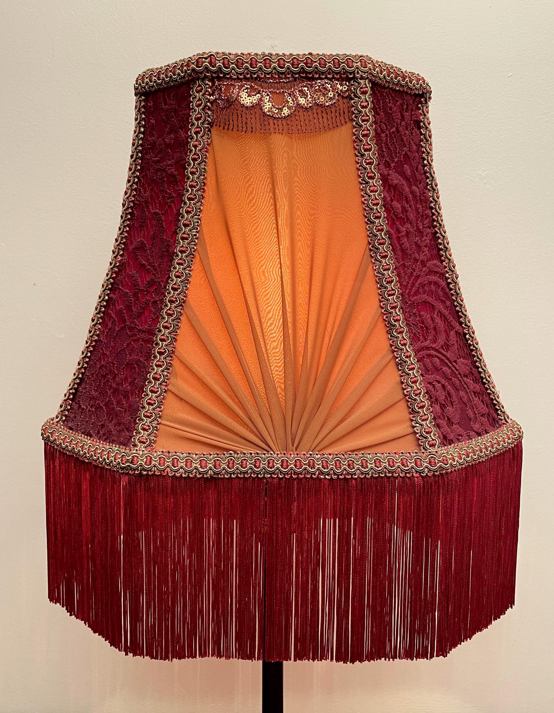 Handmade Victorian Lampshade: Maroon Satin, Floral Lace, Gold Trim