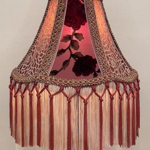 Handmade Victorian Fringe Lampshade – Rose Velvet Embroidery, Pink Lace Panels & Gold Trim – Romantic Vintage-Inspired Lighting