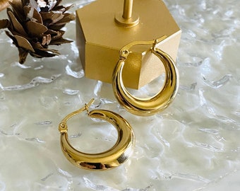 May include: Two gold hoop earrings on a clear textured surface. The earrings are thick and have a rounded shape.