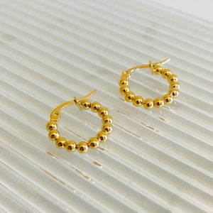 18k Gold Earrings, Beaded Hoop Earrings, Small Gold Hoops, Minimalist Earrings, Dainty Huggie Earrings, Statement Earrings, Gift for Her