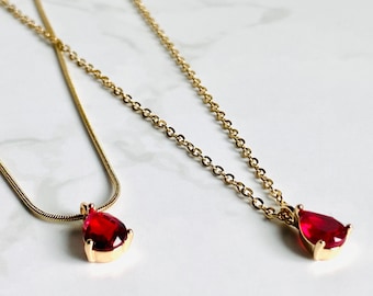 18k Gold Ruby Necklace, Teardrop Necklace, CZ Necklace, Minimalist Necklace, Dainty Necklace, Gift for Her