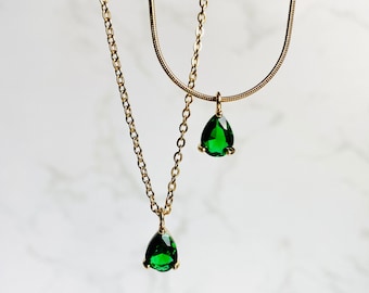 18k Gold Emerald Necklace, Teardrop Necklace, CZ Necklace, Minimalist Necklace, Dainty Necklace, Gift for Her