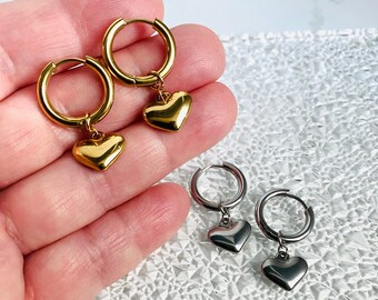Heart Dangle Hoop Earrings, Gold Heart Earrings, Silver Heart Earrings, Dainty Earrings, Minimalist, Huggie Hoops, Gift for her