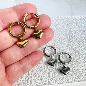 Heart Dangle Hoop Earrings, Gold Heart Earrings, Silver Heart Earrings, Dainty Earrings, Minimalist, Huggie Hoops, Gift for her