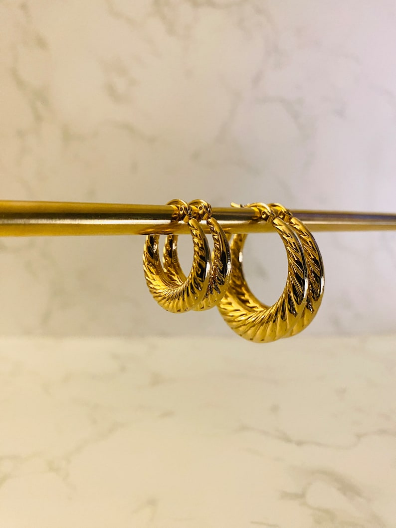 18K Gold Croissant Hoops, Gold Twisted Hoops, Bold Earrings, Statement