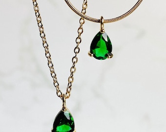 18k Gold Emerald Necklace, Teardrop Necklace, CZ Necklace, Minimalist Necklace, Dainty Necklace, Gift for Her