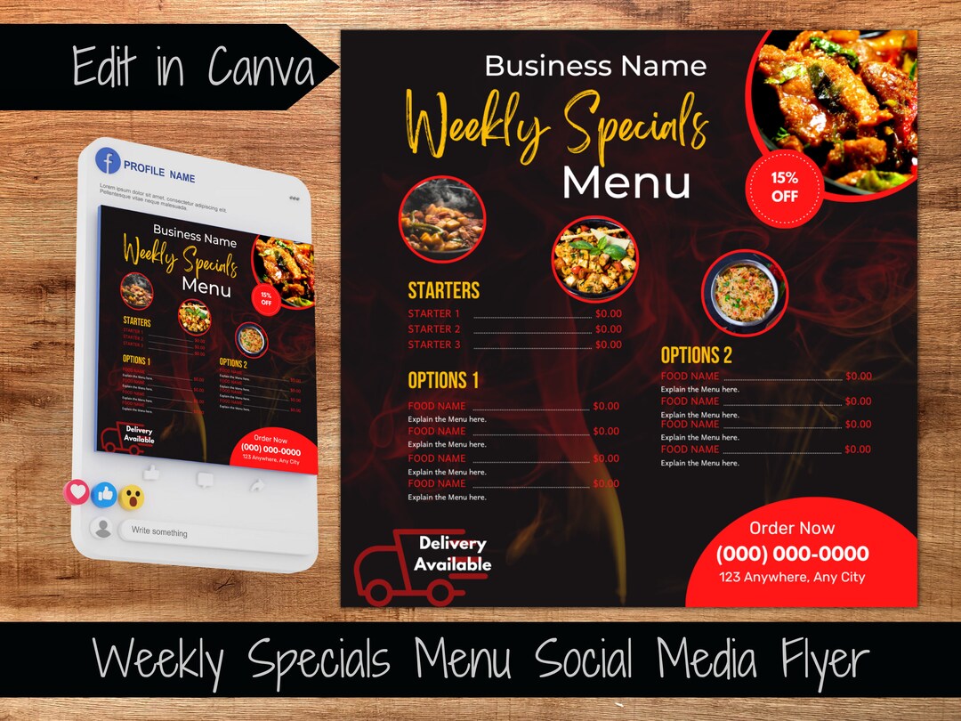 Weekly Specials Menu Flyer Template Editable Restaurant Food Menu