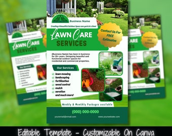 May include: Green and white flyer with the text "Lawn Care Services" and a picture of a lawnmower. The flyer lists services such as lawn mowing, landscaping, fertilization, weed control, mulch, aeration, and more. It also includes a phone number and website address.