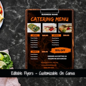 Szablon ulotki z menu cateringowym do druku Ulotka na wydarzenie cateringowe Szablon menu usług cateringowych w restauracji Menu firmy cateringowej Usługi gastronomiczne