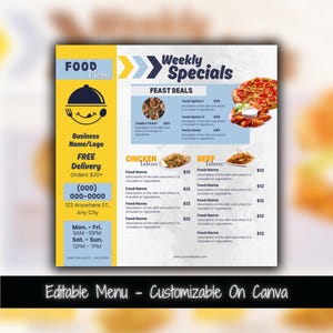 Menu żywności Tygodniowe promocje Szablon ulotki w mediach społecznościowych Ulotka z ofertami specjalnymi restauracji Specjalne oferty kolacji Ulotka marketingowa Ulotka promocyjna żywności