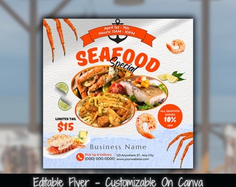May include: A flyer advertising a seafood special with a lobster tail for $15. The flyer is decorated with images of seafood, including crab, shrimp, and fish. The flyer also includes the business name, address, and phone number. The text on the flyer reads "Seafood Special", "Lobster Tail $15", "All Seafood Dishes 10% Off", "Business Name", "123 Anywhere ST., Any City", and "(000) 000-0000".