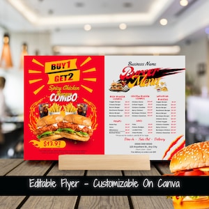 Wydrukuj szablon menu burgera Ulotka menu żywności Szablon menu restauracji Ulotka promocyjna burgera Menu żywności Specjalne oferty burgera Wyprzedaż żywności Menu kolacji