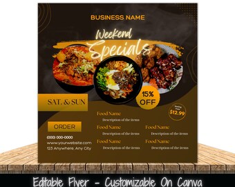 Plantilla de volante de ofertas gastronómicas de fin de semana (Canva editable)
