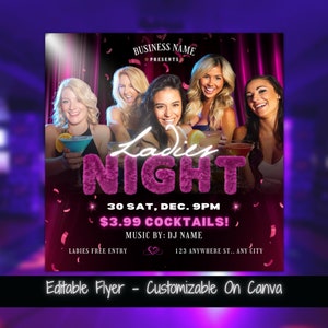 Szablon ulotki do edycji Ladies Night Ulotka klubu nocnego Ulotka promocji baru Szablon ulotki mediów społecznościowych Dostosowywalna ulotka biznesowa baru