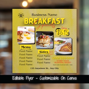 Especiales de desayuno Folleto de redes sociales Plantilla editable Folleto de marketing Publicar menú de desayuno Especiales Plantilla de volante de venta de alimentos