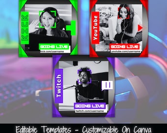 Plantillas para publicaciones en redes sociales: Twitch, YouTube, Kick (Canva editable)