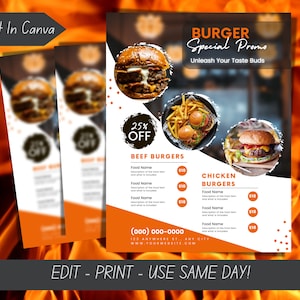 Folleto de promoción especial de hamburguesas Plantilla de menú de hamburguesas Folleto de menú de restaurante Plantilla de volante imprimible para venta de comida promocional Especiales de hamburguesas