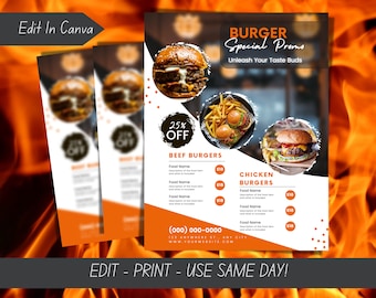 Plantilla de volante de hamburguesas/promoción de comida de restaurante (Canva)