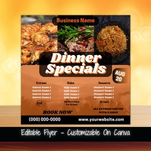 Specjalne oferty kolacji Ulotka w mediach społecznościowych Edytowalny szablon ulotki Ulotka wyprzedaży niedzielnej kolacji Wyprzedaż jedzenia w restauracji Ulotka z jedzeniem Szablon menu Branding