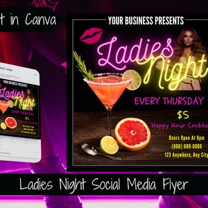 Szablon ulotki Ladies Night Ulotka o specjalnych ofertach na drinki w klubie nocnym Szablon ulotki o promocjach w barze Post w mediach społecznościowych Dostosowywalna ulotka biznesowa dla baru