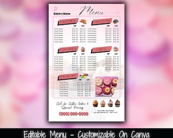 Plantilla editable de menú de panadería y folleto con lista de precios (Canva)