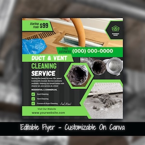 以下が含まれることがあります： ダクトと換気口の清掃サービスを宣伝する緑と黒のチラシ。チラシには、汚れた換気口の写真と、清掃用具を持った手が写っています。チラシのテキストには、「ダクト＆ベントクリーニングサービス」、「Serving the (area) for over 20+ years!」、「無料見積もり (000) 000-0000」と記載されています。