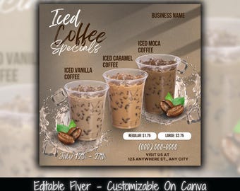 Folleto de ofertas de café helado, promoción de cafetería (plantilla editable de Canva)