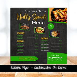 Edytowalna ulotka Tygodniowe promocje Szablon menu Ulotka do mediów społecznościowych Menu żywności Ulotka restauracji Specjalne oferty Ulotka menu sprzedaży żywności Menu sprzedaży kolacji