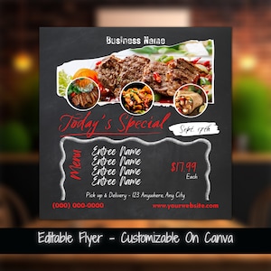 Edytowalna ulotka z menu z jedzeniem Dzisiejszy specjalny szablon menu do mediów społecznościowych Codzienne promocje Ulotka marketingowa z menu z jedzeniem Wyprzedaż kolacji Specjalne jedzenie