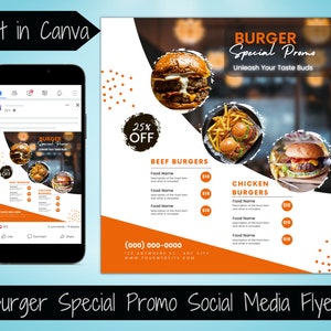 Edytowalne menu burgerów Ulotka społecznościowa Ulotka specjalna na wydarzenie sprzedaży żywności w restauracji Szablon ulotki promocyjnej burgerów Ulotka menu żywności