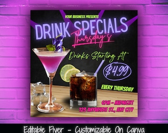 Plantilla de volante de ofertas de bebidas, promoción de bar (Canva editable)