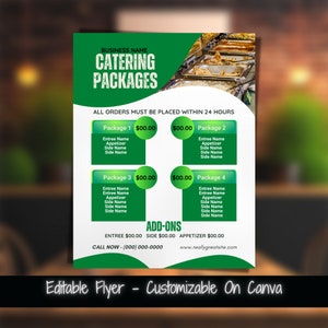 Paquetes de catering imprimibles Plantilla de volante de menú Folleto de evento de catering Plantilla de volante de menú de catering de restaurante Servicio de alimentos para empresas de catering