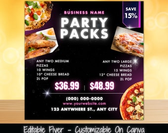 Plantilla de volante de paquetes de fiesta, promoción de pizza y alitas (Canva editable)