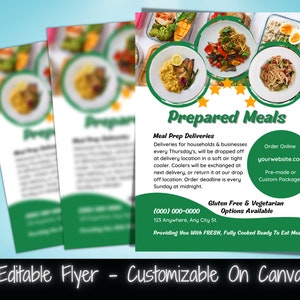 Puede incluir: Un folleto verde y blanco que anuncia comidas preparadas con una foto de tres recipientes de comida. El folleto incluye el texto "Prepared Meals", "Meal Prep Deliveries", "Order Online", "yourwebsite.com", "Pre-made or Custom Packages", "Gluten Free & Vegetarian Options Available", "(000) 000-0000", "123 Anywhere, Any City St.", y "Providing You With FRESH, Fully Cooked Ready To Eat Meals".