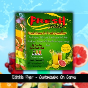Szablon ulotki Fresh Juice Ulotka do mediów społecznościowych Juice Bar Edytowalny szablon ulotki DIY Juice Shots Ulotka dotycząca specjalnych ofert napojów sokowych