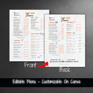 Plantilla de menú para llevar Menú de comida de doble cara imprimible Lista de precios Restaurante Plantilla de menú para llevar Plantilla de menú para llevar Restaurante