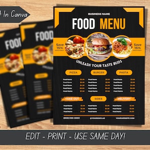 Plantilla de volante imprimible de menú de comida Lista de precios de menú de comida imprimible Plantilla de menú de comida de restaurante Folleto de menú de camión de comida Folleto editable Canva