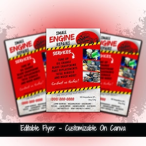 May include: A red and white flyer for small engine repairs, featuring a tractor graphic and service details. The flyer includes the text "SMALL ENGINE REPAIRS" and a list of services offered. The flyer also includes contact information.