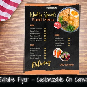 Plantilla de volante editable Folleto de ofertas semanales Folleto de comida imprimible para restaurante Menú de comida Lista de precios Menú de comida semanal Folleto de venta de cenas Canva