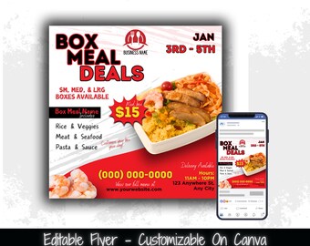 Plantilla de volante de ofertas de comida en caja, especiales de restaurante (Canva editable)