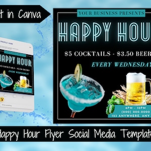 Szablon ulotki Happy Hour Ulotka promocji baru Szablon oferty specjalnej na drinki Szablon postu w mediach społecznościowych na Happy Hour Gotowa ulotka do baru DIY