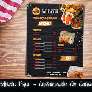 Wydrukuj szablon ulotki z tygodniowymi ofertami specjalnymi Edytowalna ulotka z menu Ulotka z tygodniowymi ofertami specjalnymi restauracji Wyprzedaż jedzenia Wydrukuj ulotkę Wyprzedaż kolacji